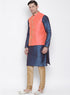 VASTRAMAY Men's Blue Cotton Silk Blend Kurta, Ethnic Jacket and Pyjama Set